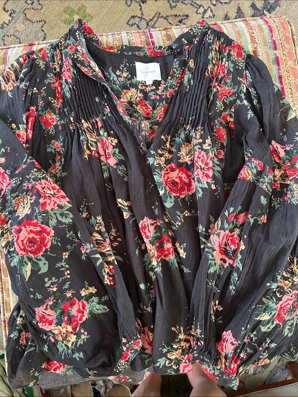 sundays Black Floral Pintuck Blouse - Pink & Green Roses